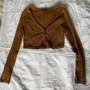SHEIN Brown Long Sleeve Ribbed Crop Top